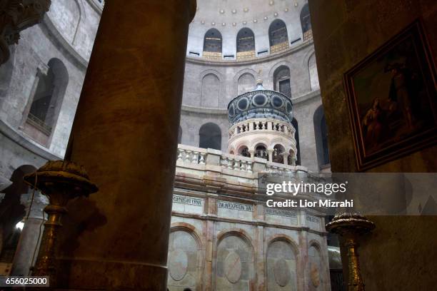 The tomb of Jesus Christ with the rotunda is seen in the Church of the Holy Sepulchre on March 21, 2017 in Jerusalem, Israel. The tomb of Jesus...