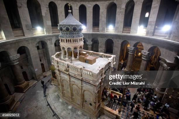 The tomb of Jesus Christ with the rotunda is seen in the Church of the Holy Sepulchre on March 21, 2017 in Jerusalem, Israel. The tomb of Jesus...