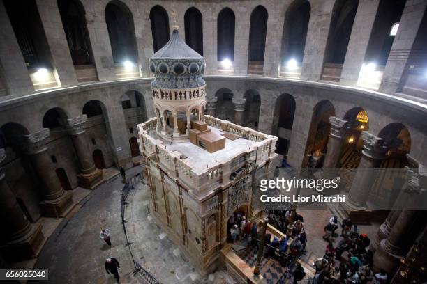 The tomb of Jesus Christ with the rotunda is seen in the Church of the Holy Sepulchre on March 21, 2017 in Jerusalem, Israel. The tomb of Jesus...