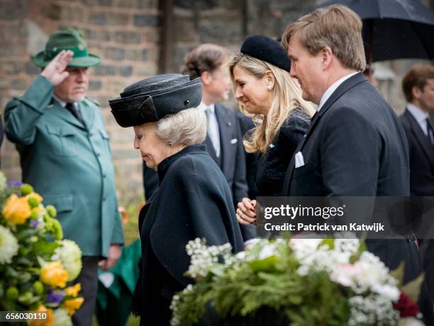 King Willem-Alexander, Queen Maxima and Princess Beatrix of The Netherlands attend the funeral of Prince Richard at the Evangelische Stadtkirche on...