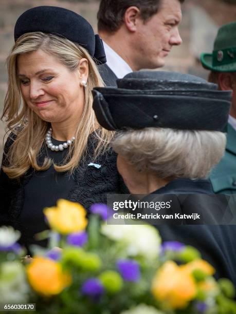 Queen Maxima and Princess Beatrix of The Netherlands attend the funeral of Prince Richard at the Evangelische Stadtkirche on March 21, 2017 in Bad...