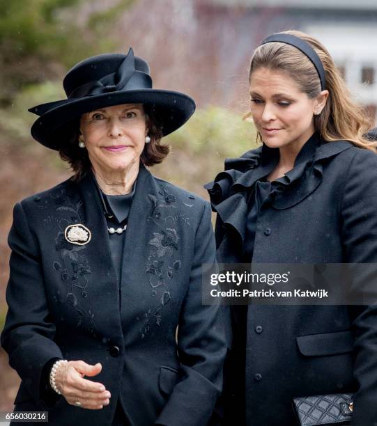 Queen Silvia and Princess Madeleine of Sweden attend the funeral of Prince Richard at the Evangelische Stadtkirche on March 21, 2017 in Bad...