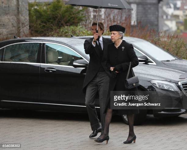 Princess Benedikte of Denmark arrives at the funeral service for her deceased husband Prince Richard of Sayn-Wittgenstein-Berleburg at the...