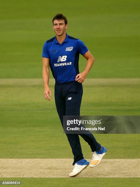 Toby Roland-Jones of The South reacts during Game Three of the ECB North versus South Series at Zayed Stadium on March 21, 2017 in Abu Dhabi, United...