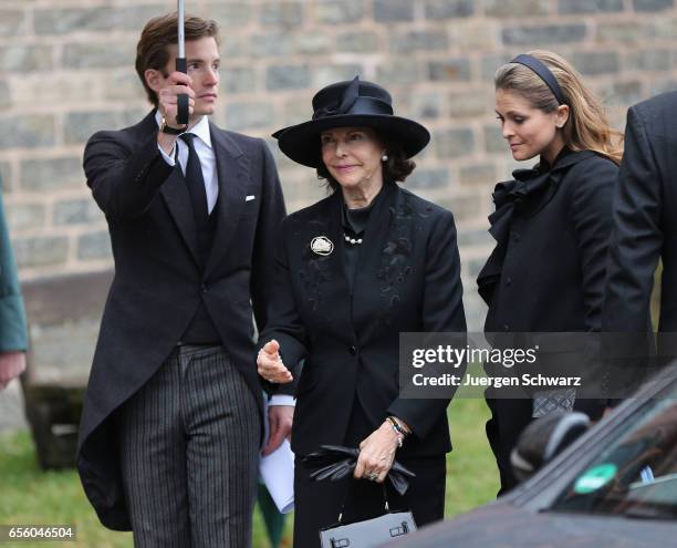 Queen Silvia of Sweden and Princess Madeleine of Sweden arrive at the funeral service for the deceased Prince Richard of Sayn-Wittgenstein-Berleburg...