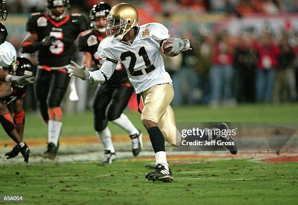 Javin Hunter of the Notre Dame Fighting Irish carries the ball during the Fiesta Bowl Game against the Oregon State Beavers at the Sun Devil Stadium...