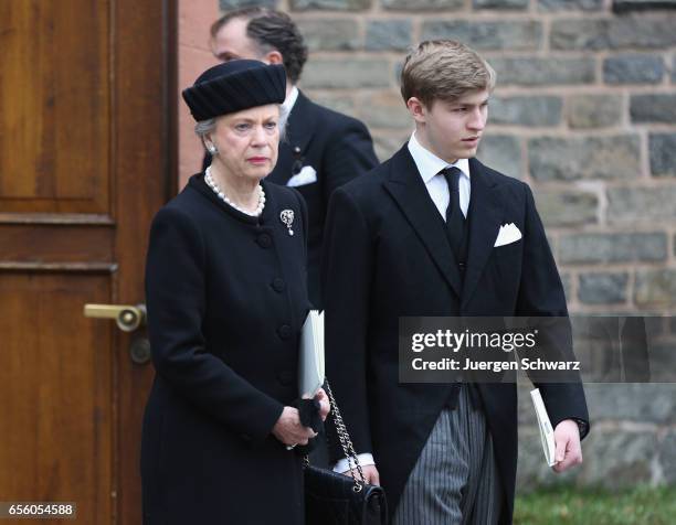 Princess Benedikte of Denmark and Prince Constantin zu Sayn-Wittgenstein leave the funeral service for the deceased Prince Richard of...