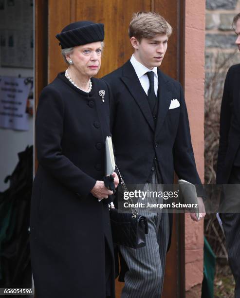 Princess Benedikte of Denmark and Prince Constantin zu Sayn-Wittgenstein leave the funeral service for the deceased Prince Richard of...