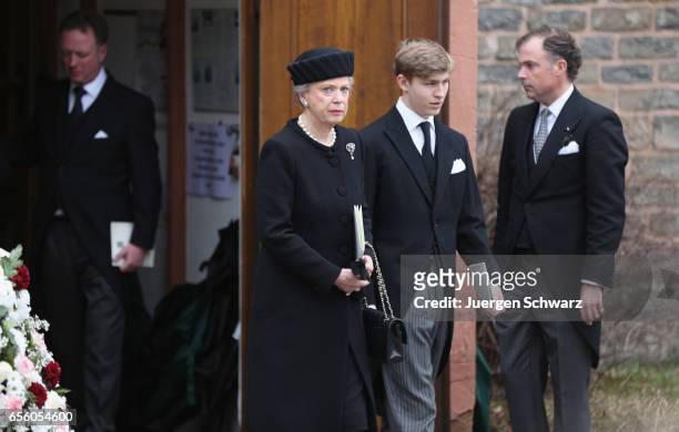 Princess Benedikte of Denmark and Prince Constantin zu Sayn-Wittgenstein leave the funeral service for the deceased Prince Richard of...
