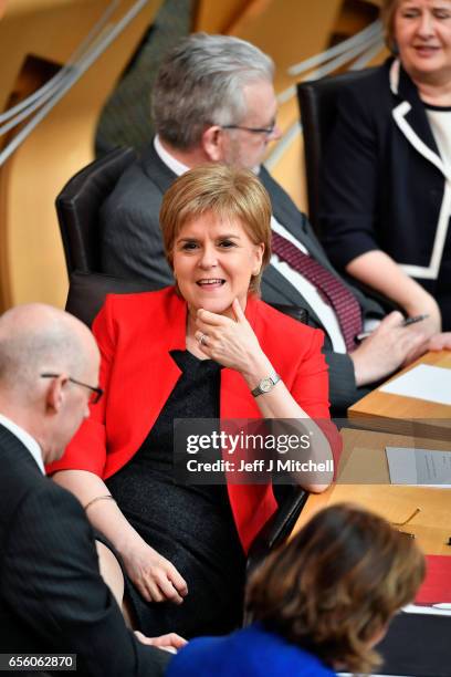 Scottish First Minister Nicola Sturgeon attends the debate on a second independence referendum at the Scottish Parliament on March 21, 2017 in...