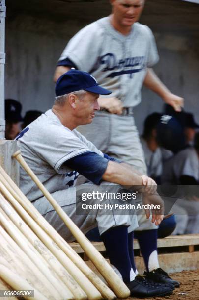 Manager Walter Alston of the Los Angeles Dodgers sits on the dugout steps during an MLB Spring Training game circa March, 1959 in Florida.