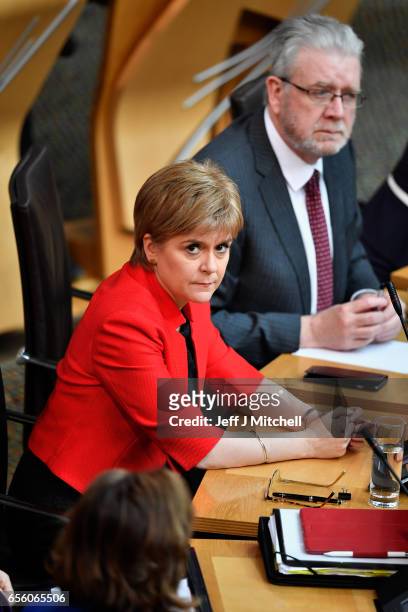 Scottish First Minister Nicola Sturgeon attends the debate on a second independence referendum at the Scottish Parliament on March 21, 2017 in...