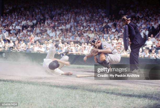 Al Kaline of the Detroit Tigers is knocked down by the pitch as catcher Gus Triandos of the Balitmore Orioles and umpire Eddie Hurley look on during...