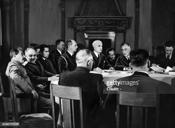 Secretary general of the Soviet Communist Party Joseph Stalin and US President Franklin Roosevelt attend the Conference of the leaders of the allied...