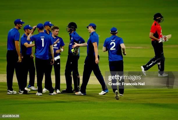 Mason Crane of The South celebrates with teammates after dismissing Liam Livingstone of The North during Game Three of the ECB North versus South...