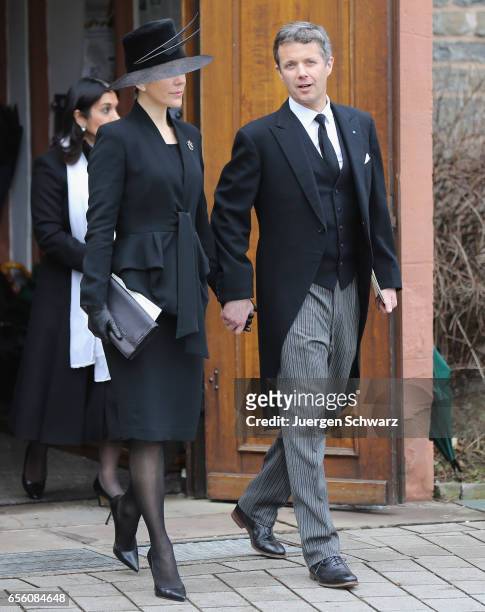 Crown Princess Mary of Denmark and Crown Prince Frederik leave the funeral service for the deceased Prince Richard of Sayn-Wittgenstein-Berleburg at...