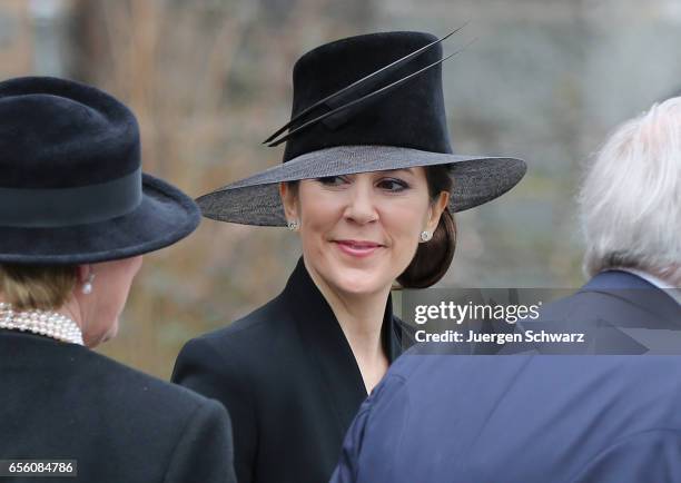 Crown Princess Mary of Denmark leaves the funeral service for the deceased Prince Richard of Sayn-Wittgenstein-Berleburg at the Evangelische...