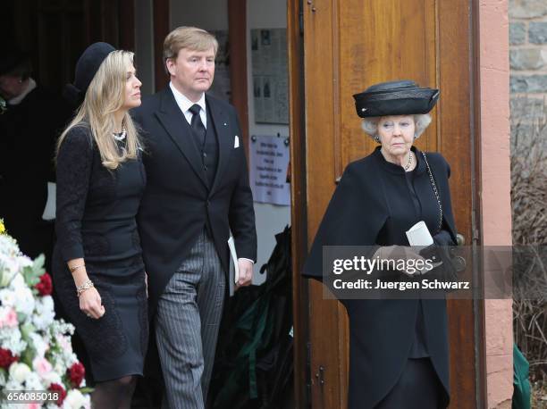 Queen Maxima of the Netherlands , King Willem-Alexander of the Netherlands and Princess Beatrix leave the funeral service for the deceased Prince...