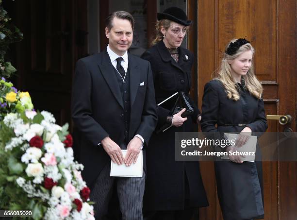 Princess Alexandra zu Sayn-Wittgenstein-Berleburg and Count Jefferson with child Countess Ingrid leave the funeral service for the deceased Prince...