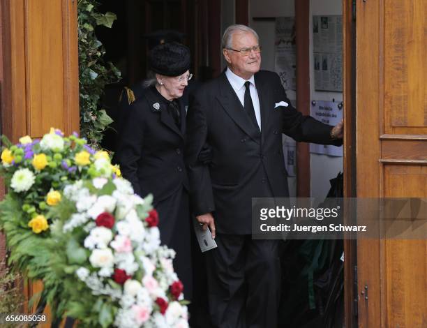 Queen Margrethe of Denmark and Prince Henrik leave the funeral service for the deceased Prince Richard of Sayn-Wittgenstein-Berleburg at the...