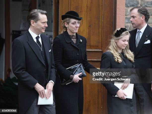 Princess Alexandra zu Sayn-Wittgenstein-Berleburg and Count Jefferson with child Countess Ingrid leave the funeral service for the deceased Prince...