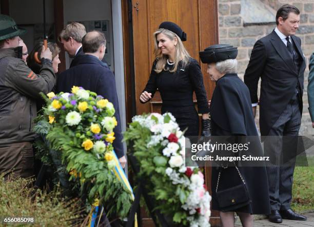 Queen Maxima of Netherlands and Princess Beatrix arrive at the funeral service for the deceased Prince Richard of Sayn-Wittgenstein-Berleburg at the...