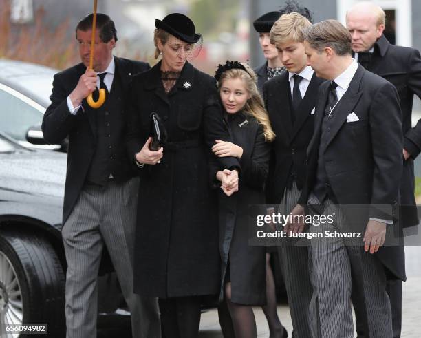 Princess Alexandra zu Sayn-Wittgenstein-Berleburg and Count Jefferson with children Count Richard and Countess Ingrid arrive at the funeral service...