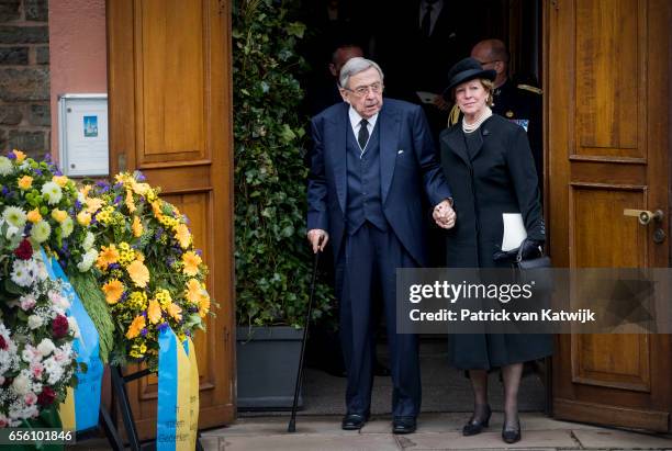 King Constantine and Queen Anne Marie of Greece attend the funeral of Prince Richard at the Evangelische Stadtkirche on March 21, 2017 in Bad...