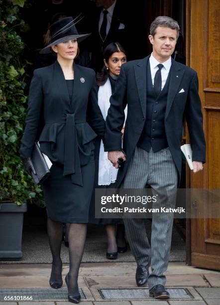 Crown prince Frederik and Crown Princess Mary of Denmark attend the funeral of Prince Richard at the Evangelische Stadtkirche on March 21, 2017 in...