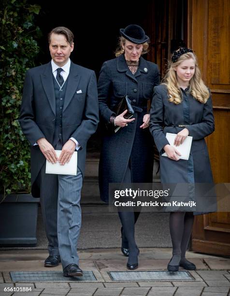 Princess Alexandra, Count Jefferson and Countess Ingrid attend the funeral of Prince Richard at the Evangelische Stadtkirche on March 21, 2017 in Bad...