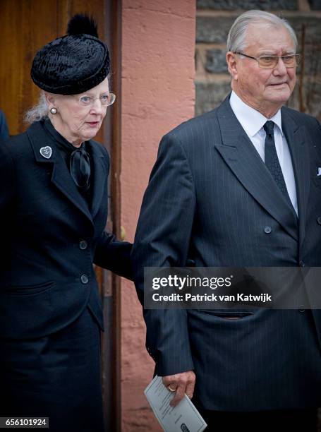 Queen Margrethe and Prince Henrik of Denmark attend the funeral of Prince Richard at the Evangelische Stadtkirche on March 21, 2017 in Bad Berleburg,...