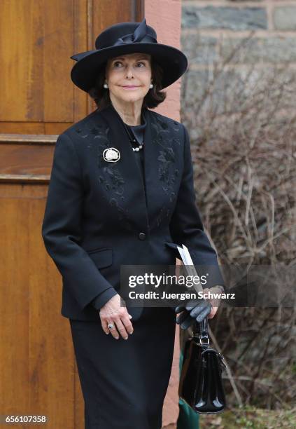 Queen Silvia of Sweden leaves the funeral service for the deceased Prince Richard of Sayn-Wittgenstein-Berleburg at the Evangelische Stadtkirche on...