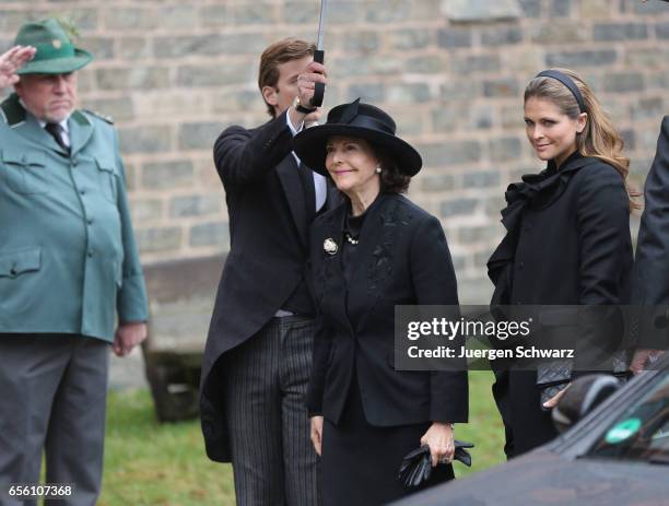 Queen Silvia of Sweden and Princess Madeleine arrive at the funeral service for the deceased Prince Richard of Sayn-Wittgenstein-Berleburg at the...