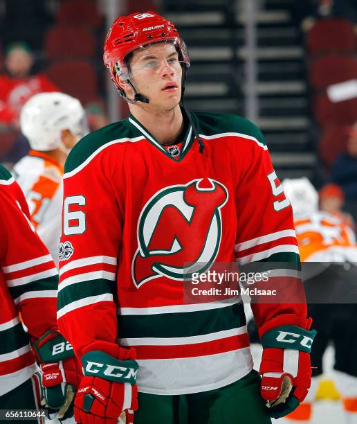 Blake Pietila of the New Jersey Devils warms up before a game against the Philadelphia Flyers on March 16, 2017 at Prudential Center in Newark, New...