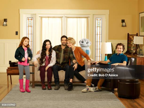 Walt Disney Television via Getty Images's Imaginary Mary" stars Erica Tremblay as Bunny, Matreya Scarrwener as Dora, Stephen Schneider as Ben, Jenna...