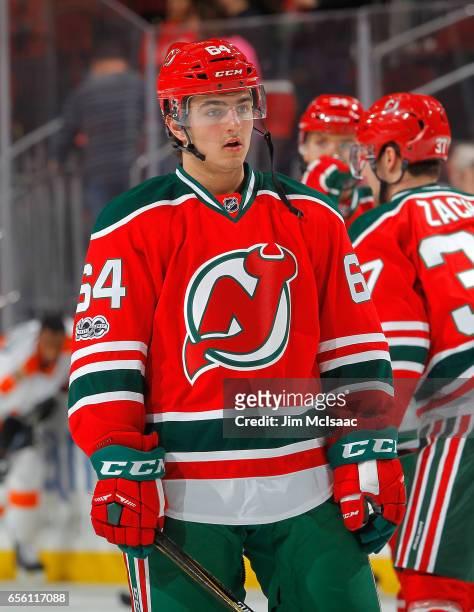 Joseph Blandisi of the New Jersey Devils warms up before a game against the Philadelphia Flyers on March 16, 2017 at Prudential Center in Newark, New...