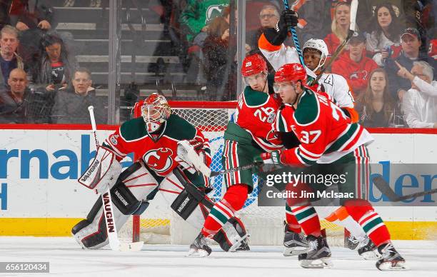 Keith Kinkaid of the New Jersey Devils in action against the Philadelphia Flyers on March 16, 2017 at Prudential Center in Newark, New Jersey. The...