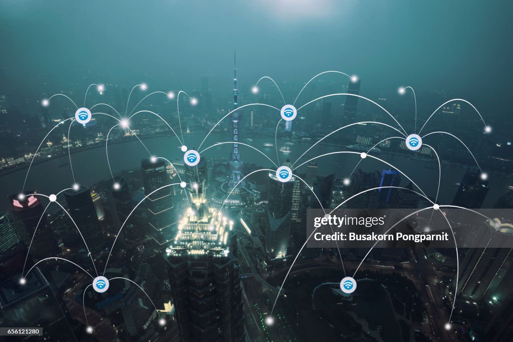 Wifi icon and city scape and network connection concept, Smart city and wireless communication network, abstract image visual, internet of things