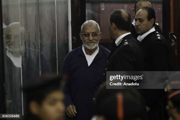 General Guide of the Egyptian Muslim Brotherhood Mohammed Badie arrives at Cairo Police Academy during the trial session known as breaking up the...