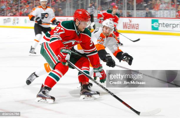 Pavel Zacha of the New Jersey Devils in action against the Philadelphia Flyers on March 16, 2017 at Prudential Center in Newark, New Jersey. The...
