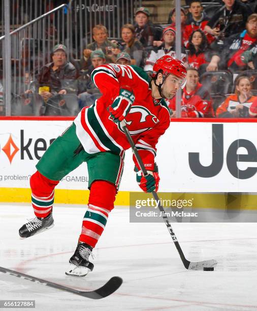 John Quenneville of the New Jersey Devils in action against the Philadelphia Flyers on March 16, 2017 at Prudential Center in Newark, New Jersey. The...