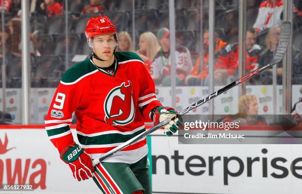 Taylor Hall of the New Jersey Devils in action against the Philadelphia Flyers on March 16, 2017 at Prudential Center in Newark, New Jersey. The...