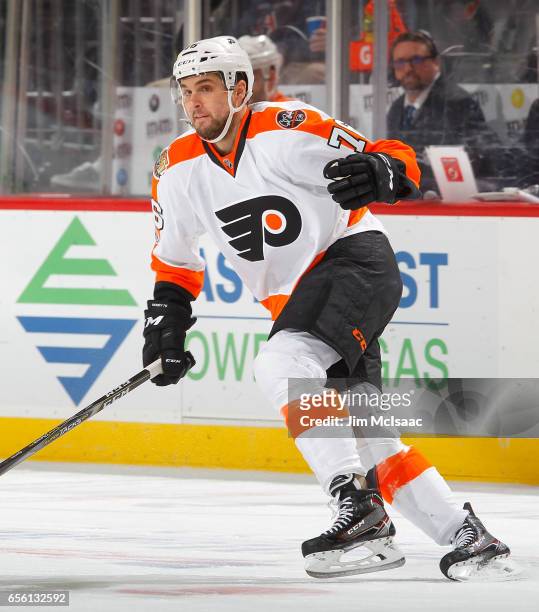 Chris VandeVelde of the Philadelphia Flyers in action against the New Jersey Devils on March 16, 2017 at Prudential Center in Newark, New Jersey. The...