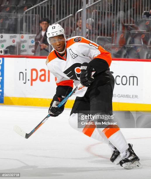 Wayne Simmonds of the Philadelphia Flyers in action against the New Jersey Devils on March 16, 2017 at Prudential Center in Newark, New Jersey. The...
