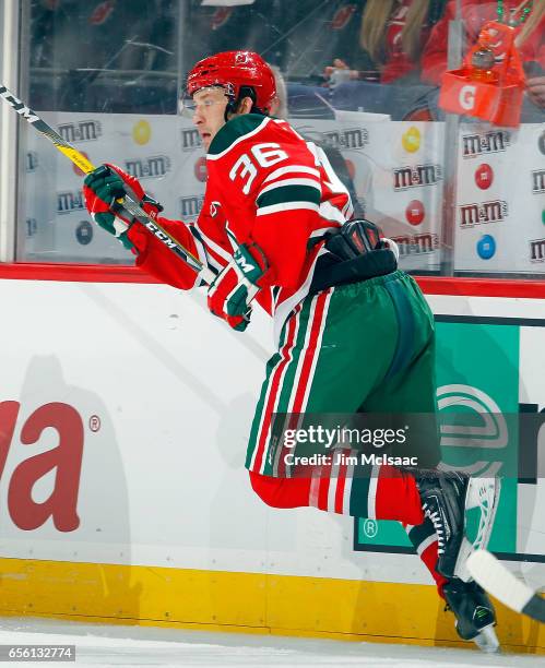 Nick Lappin of the New Jersey Devils in action against the Philadelphia Flyers on March 16, 2017 at Prudential Center in Newark, New Jersey. The...