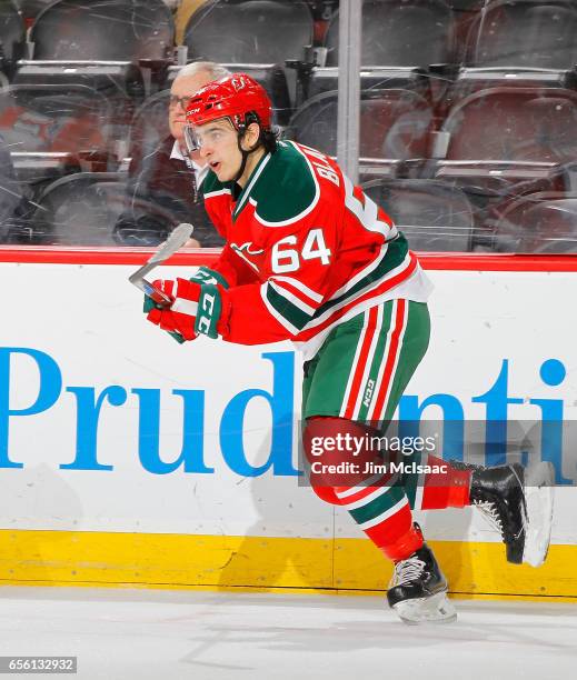 Joseph Blandisi of the New Jersey Devils in action against the Philadelphia Flyers on March 16, 2017 at Prudential Center in Newark, New Jersey. The...