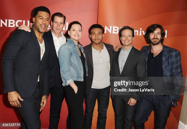 Actors J.R. Lemon, Brendan Fehr, Jill Flint, Robert Bailey Jr., Scott Wolf and Eoin Macken of 'The Night Shift' attend the 2017 NBCUniversal summer...