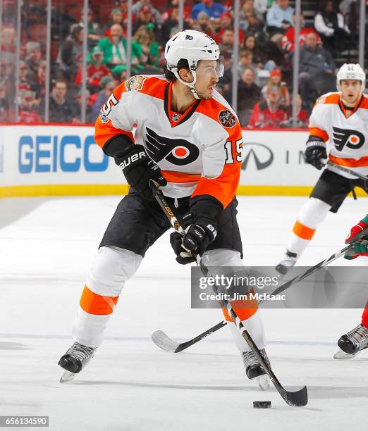 Michael Del Zotto of the Philadelphia Flyers in action against the New Jersey Devils on March 16, 2017 at Prudential Center in Newark, New Jersey....