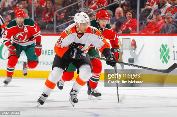 Valtteri Filppula of the Philadelphia Flyers in action against the New Jersey Devils on March 16, 2017 at Prudential Center in Newark, New Jersey....