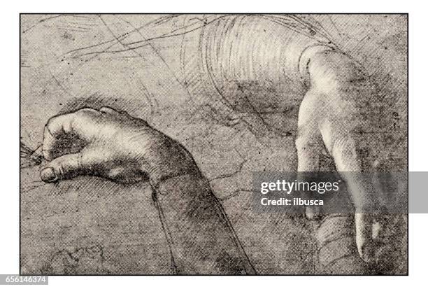leonardo's sketches and drawings: hands of mona lisa - mona lisa detail stock illustrations